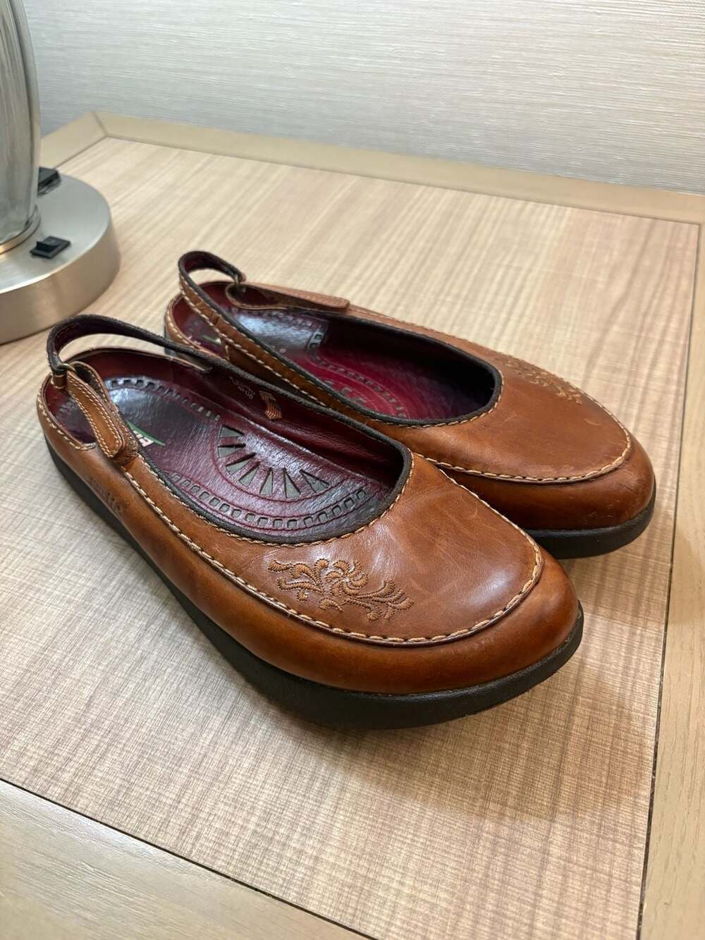 Earth Felicity Almond Brown Leather Floral Embroidered Slingback Shoes Size 8.5